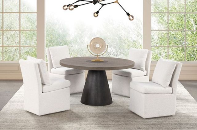 Furniture of America® Broager 5-Piece Rustic Oak Round Dining Table Set with Dark Walnut Base and White Caster Chairs-0