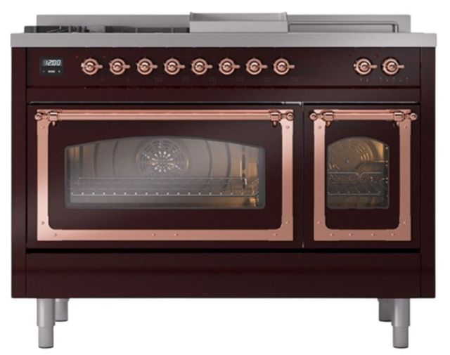 Ilve® Nostalgie II Noblesse 48'' Burgundy Pro Style Dual Fuel Range with Copper Trim-1