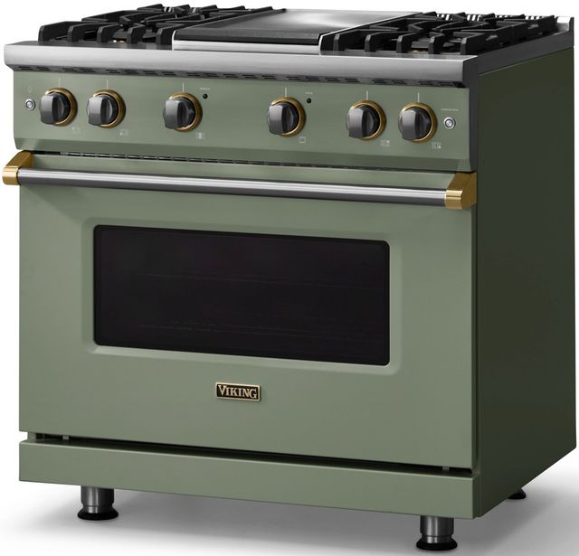 Viking® 5 Series 36" Eucalyptus Pro Style Gas (NG) Range with Brushed Brass Trim-2
