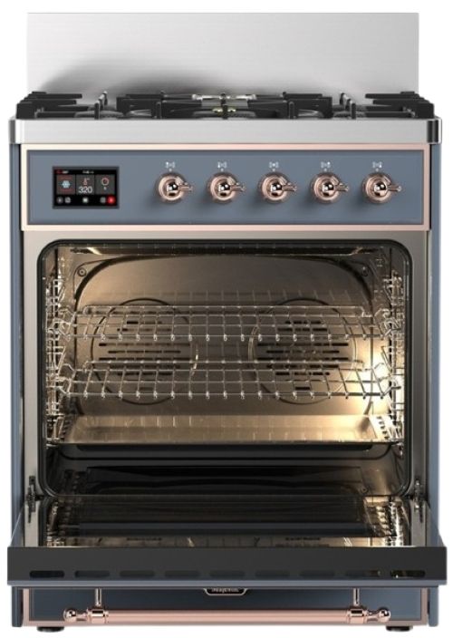Ilve® Majestic III 30" Blue Gray Pro Style Dual Fuel Liquid Propane Range with 5 Black Brass Burners and Copper Trim-1