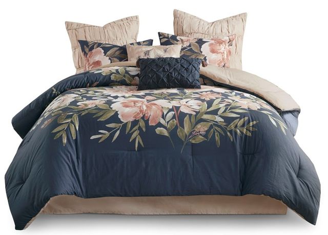 Olliix by Madison Park Camillia 8 Piece Navy Queen Cotton Comforter Set-0