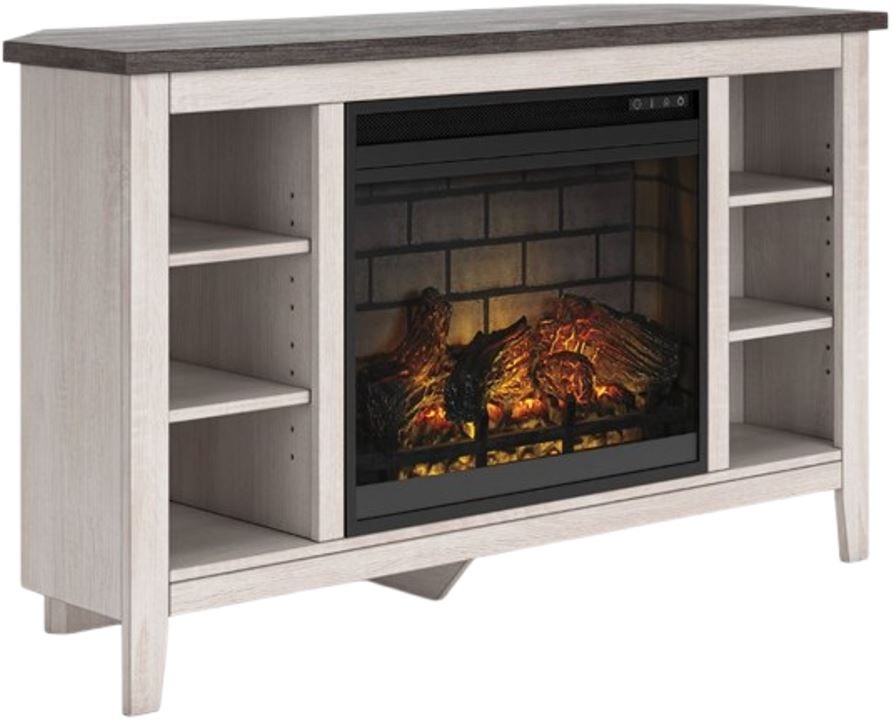 Signature Design by Ashley® Dorrinson Two-Tone Corner TV Stand with Electric Infrared Fireplace