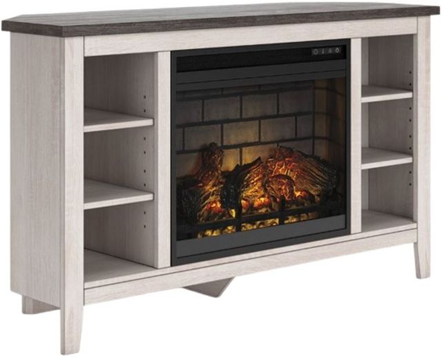 Signature Design by Ashley® Dorrinson Two-Tone Corner TV Stand with Electric Infrared Fireplace