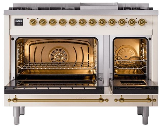 Ilve® Nostalgie II Noblesse 48'' Antique White Pro Style Dual Fuel Range with Brass Trim-1