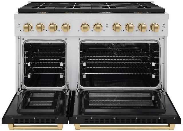 ZLINE Autograph Edition Paramount 48" Stainless Steel Pro Style Dual Fuel Range with Black Matte Door and Champagne Bronze Accents-1
