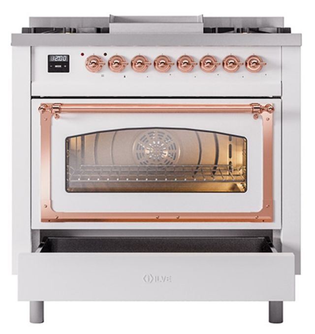 Ilve® Nostalgie II Noblesse 36'' White Pro Style Dual Fuel Range with Copper Trim-3
