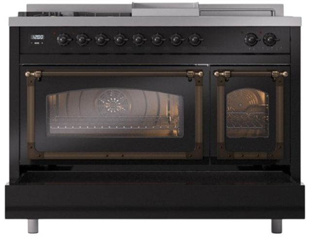 Ilve® Nostalgie II Noblesse 48'' Glossy Black Pro Style Dual Fuel Range with Burnished Trim-3