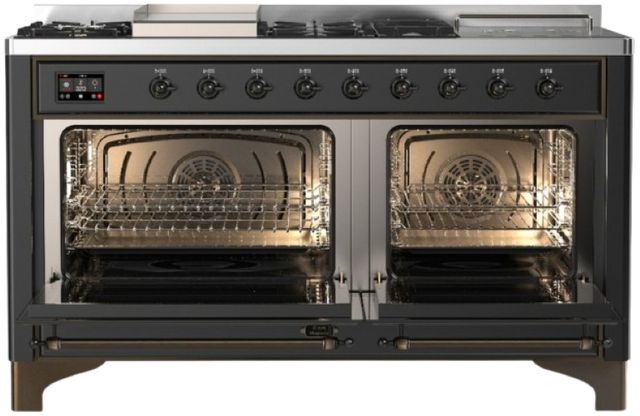 Ilve® Majestic III 60" Graphite Matte Pro Style Dual Fuel Natural Gas Range with French Top and Burnished Trim-1