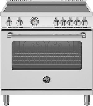 Front view of the Bertazzoni Master Series 36" Fingerprint Resistant Stainless Steel Freestanding Induction Range