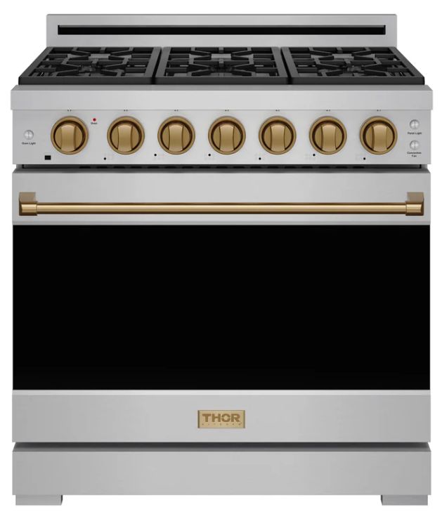 Thor Kitchen Gordon Ramsay Collection 36" Stainless Steel Pro Style Liquid Propane Range with Precision Knob Control and Bronze Trim-0
