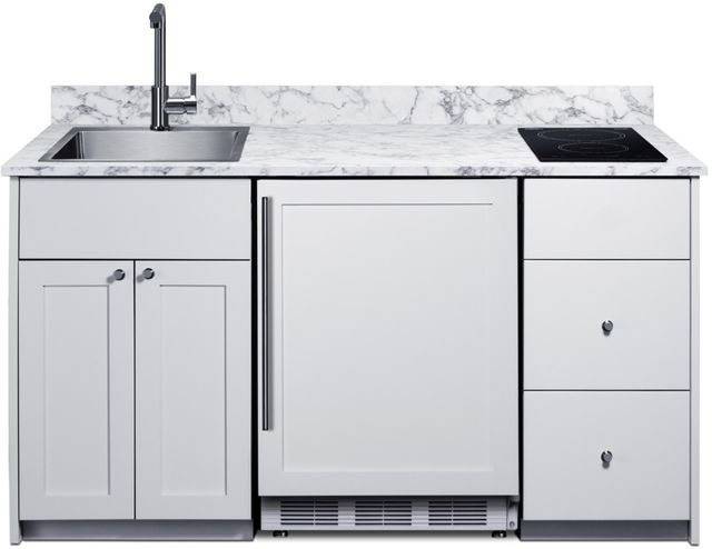 Summit® Turnkey Caldera 63" White Kitchenette with 5 Cu. Ft. Built-In Under the Counter Refrigerator, Induction Cooktop, and Stainless Steel Sink with Faucet-1