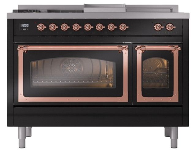 Ilve® Nostalgie II Noblesse 48'' Glossy Black Pro Style Dual Fuel Range with Copper Trim-2