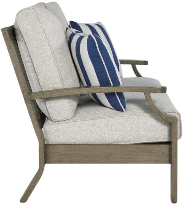 Clearance Signature Design by Ashley® Rainier Ranch Beige/Brown Aluminum/Fabric Outdoor Loveseat-3