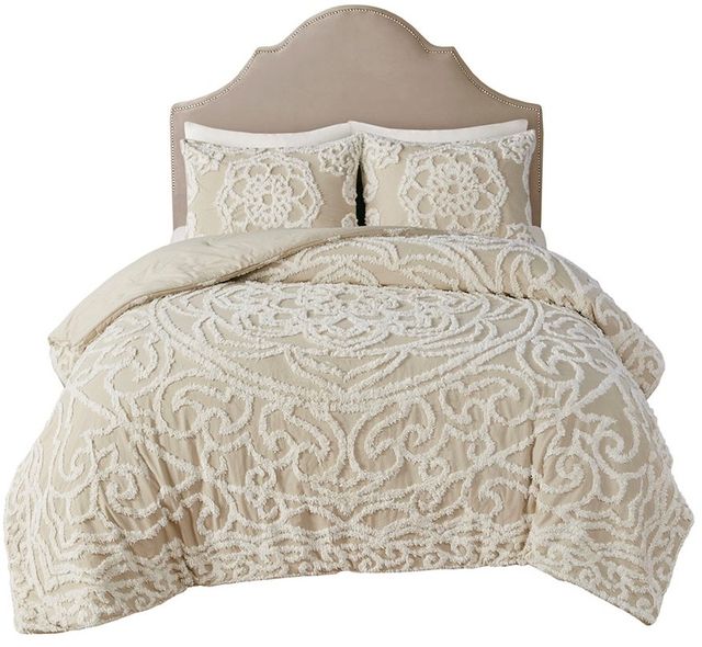 Olliix by Madison Park Laetitia Taupe Full/Queen Tufted Cotton Chenille Medallion Comforter Set-0