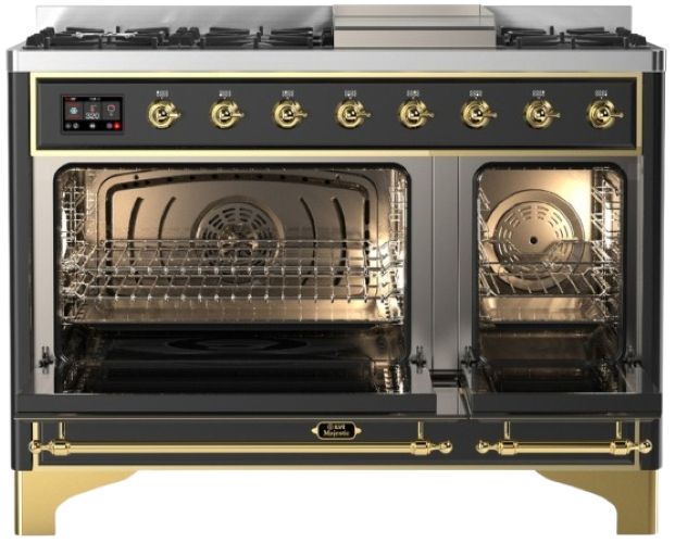 Ilve® Majestic III 48" Graphite Matte Pro Style Dual Fuel Liquid Propane Range with Solid Door and Brass Trim-1