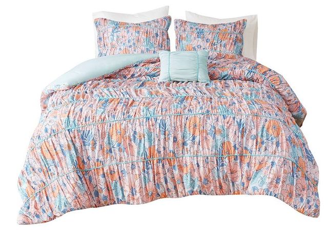Olliix by Intelligent Design Mae Pink/Blue Full/Queen Floral Printed Ruched Comforter Set-0