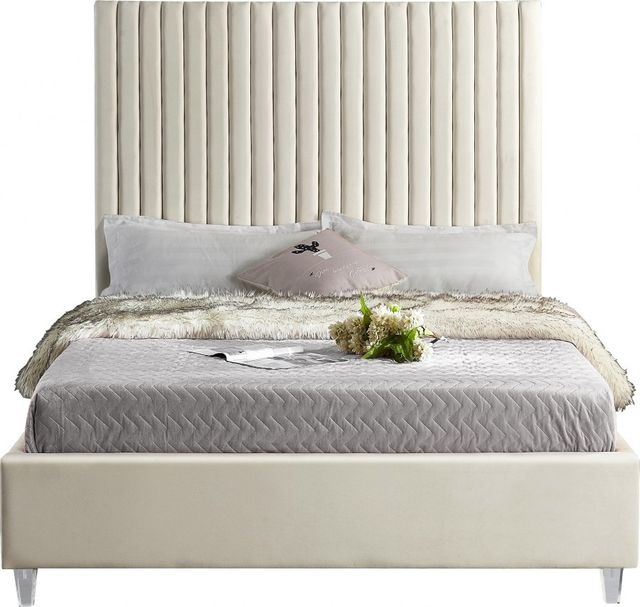 Meridian Furniture Candace Cream Velvet Queen Upholstered Panel Bed-1