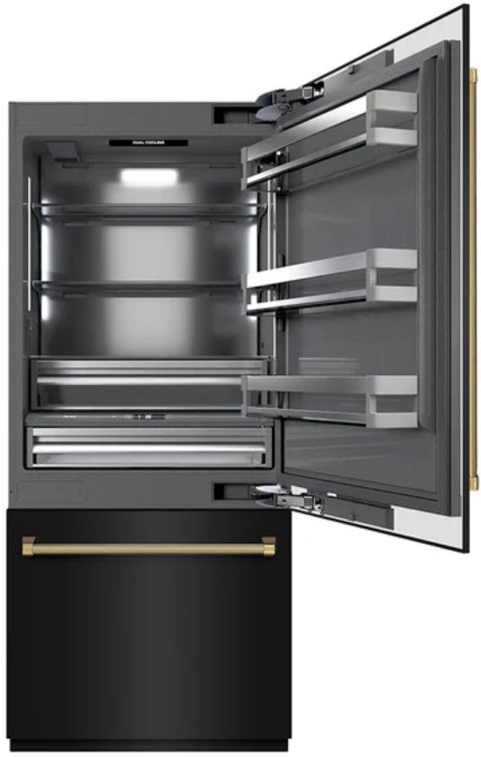 ZLINE Autograph Edition 36" 19.8 Cu. Ft. Black Stainless Steel Built In Bottom Freezer Refrigerator with Graphite Gray Interior and Polished Gold Helix Handles and Water Dispenser-1