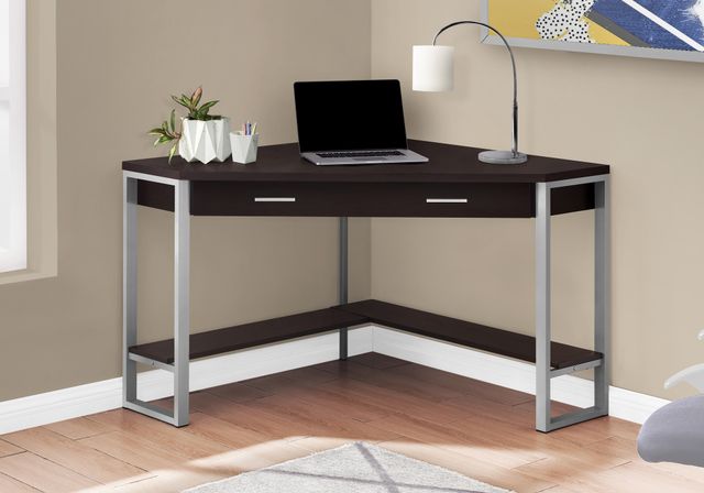 Monarch Specialties Inc. 42"L Espresso and Silver Metal Corner Computer Desk-1