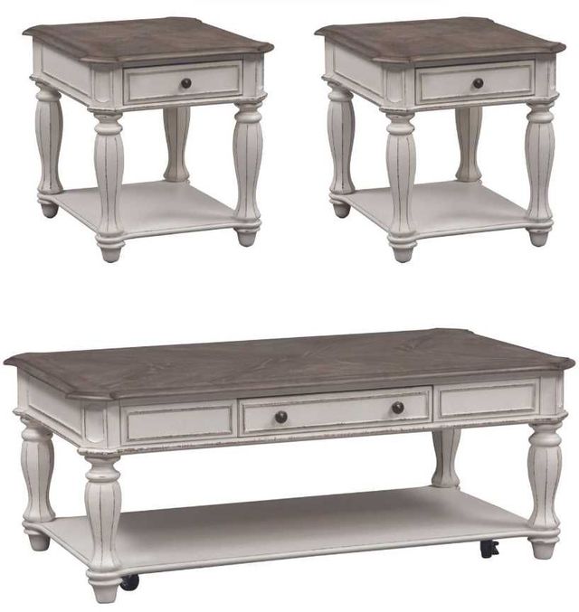 Liberty Furniture Magnolia Manor 3-Piece Weathered Brown Top Occasional Table Set with Antique White Base-0