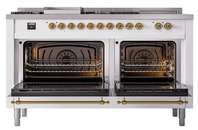 Ilve® Nostalgie II Noblesse 60'' White Pro Style Dual Fuel Range with Brass Trim-1