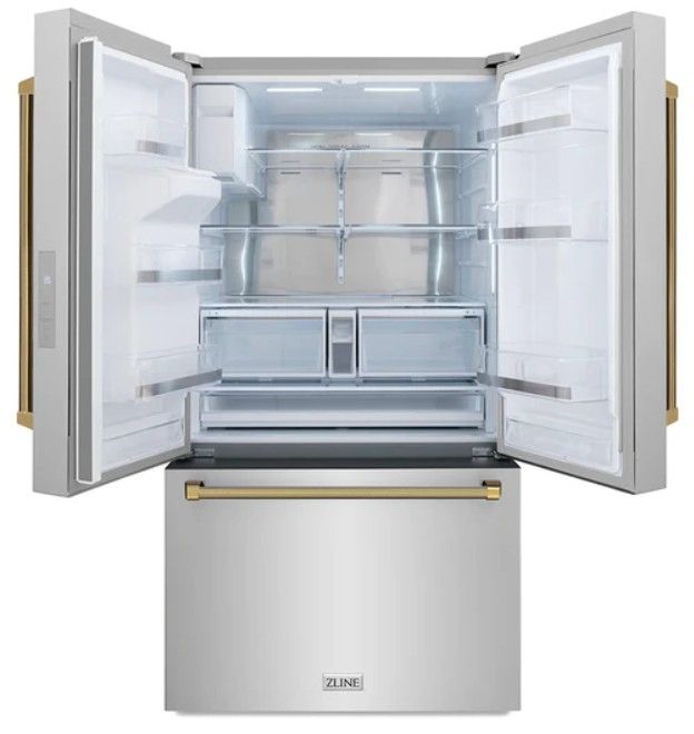 ZLINE Autograph Edition 36" 28.9 Cu. Ft. Stainless Steel Standard-Depth French Door Fingerprint-Resistant Refrigerator with External Water Dispenser and Dual Ice Maker in Polished Gold Helix Handles-3