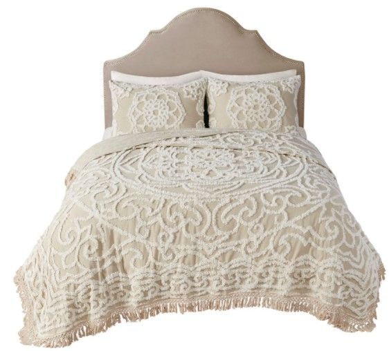Olliix by Madison Park Laetitia Taupe Full/Queen Tufted Cotton Chenille Medallion Fringe Coverlet Mini Set-0