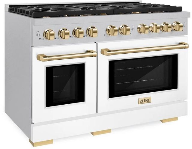ZLINE Autograph Edition Paramount 48" Satin Stainless Steel Pro Style Dual Fuel Range with White Matte Door and Polished Gold Accents-2