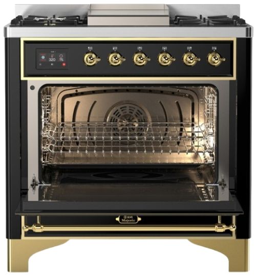 Ilve® Majestic III 36" Glossy Black Pro Style Dual Fuel Natural Gas Range with Solid Door and Brass Trim-1