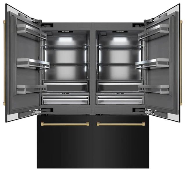 ZLINE Autograph Edition 60" 32.2 Cu. Ft. Black Stainless Steel French Door Built-In Bottom Freezer Refrigerator with Water Dispenser and Ice Maker in Graphite Gray Interior and Polished Gold Helix Handles-3
