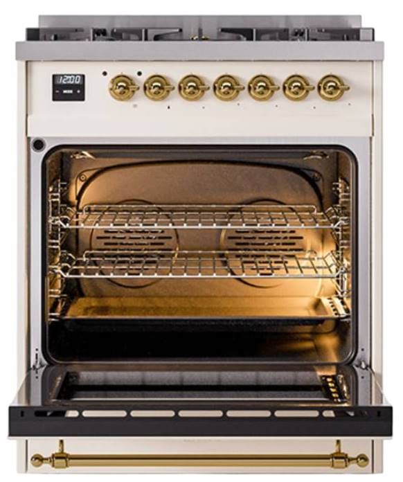 Ilve® Nostalgie II Noblesse 30" Antique White Pro Style Dual Fuel Range with Brass Trim-1