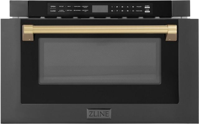 ZLINE Autograph Edition 24" 1.2 Cu. Ft. Black Stainless Steel Built-in Microwave Drawer with Champagne Bronze Handle-1