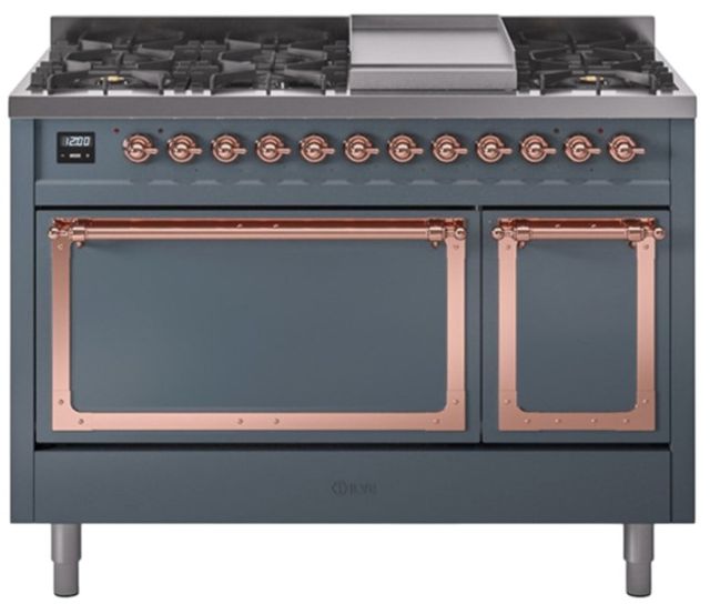 Ilve® Nostalgie II Noblesse 48'' Blue Gray Pro Style Dual Fuel Range with Copper Trim-0