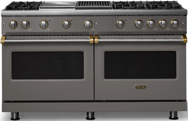 Viking® 5 Series 60" Damascus Gray Pro Style Gas (LP) Range with Brushed Brass Trim-0