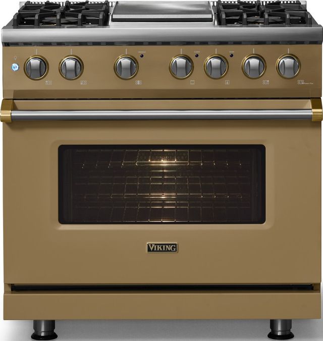 Viking® 5 Series 36" Golden Hour Pro Style Dual Fuel (LP) Range with Brushed Brass Trim-2