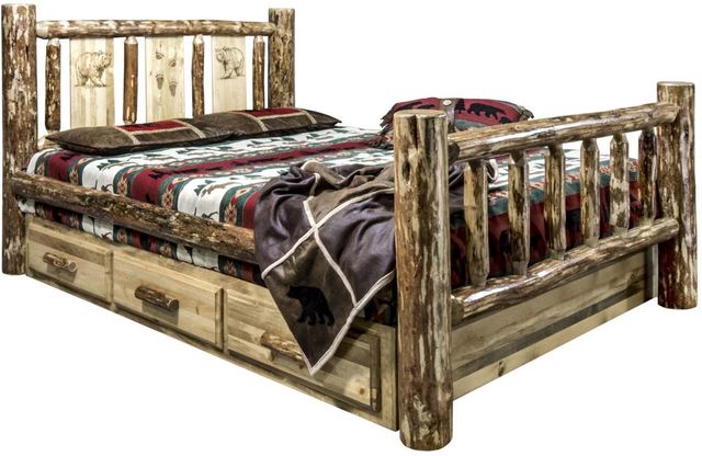 Montana Woodworks® Glacier Country Stain & Clear Lacquer Queen Storage Bed with Laser Engraved Bear Design-0