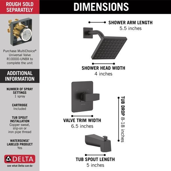Delta Modern Monitor 14 Series 16" Matte Black Tub and Shower Trim-2