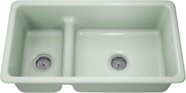 KOHLER® Iron/Tones® Aspen Green Smart Divide® 33" Top/Undermount Double Offset Bowl Kitchen Sink-0