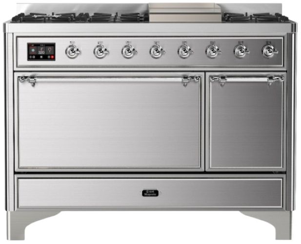 Ilve® Majestic III 48" Stainless Steel Pro Style Dual Fuel Natural Gas Range with 8 Burners and Chrome Trim-0
