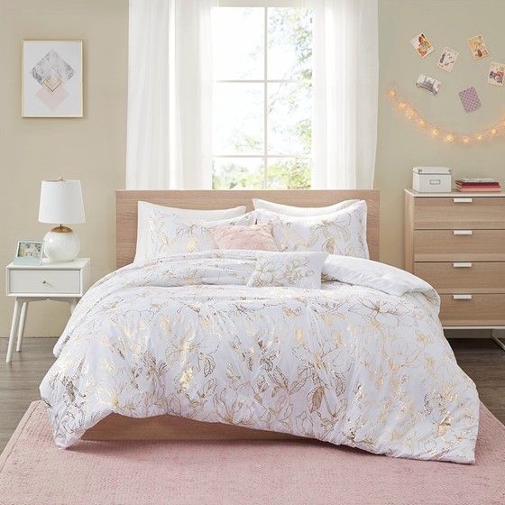 Olliix by Intelligent Design Magnolia Gold Twin/Twin Extra Large Metallic Printed Floral Comforter Set-1