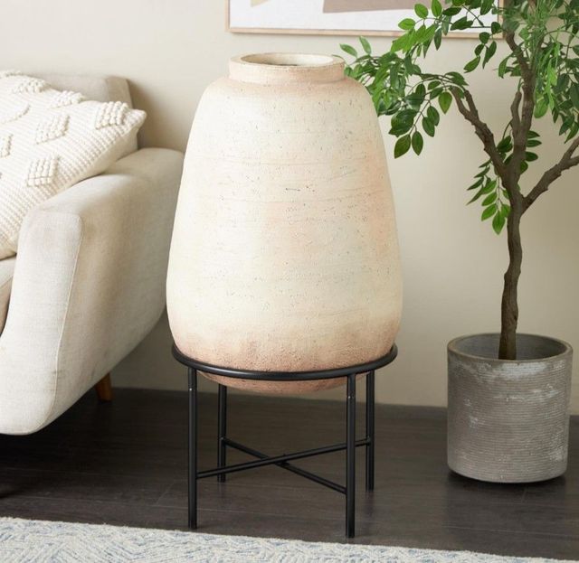Deco Marche Beige Magnesium Oxide Wide Decorative Vase with Black Metal Stand-4