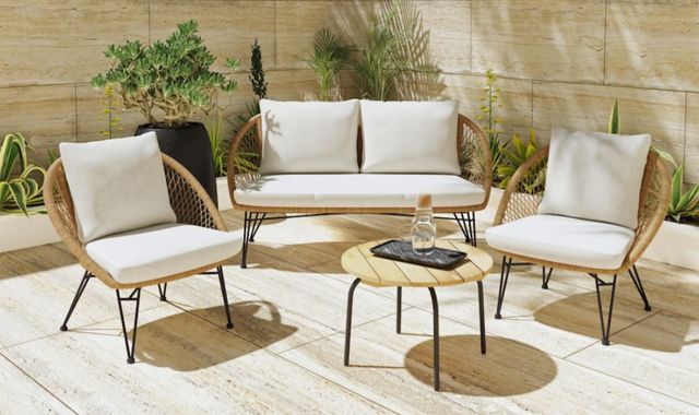 Elements International Grace 4-Piece Beige/Black/Natural Fabric/Wooden Outdoor Seating Set-1
