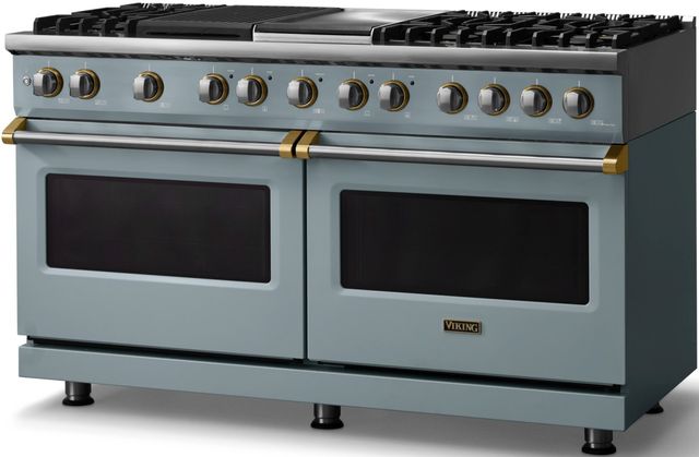 Viking® 5 Series 60" Novembery Sky Pro Style Dual Fuel (LP) Range with Brushed Brass Trim-2