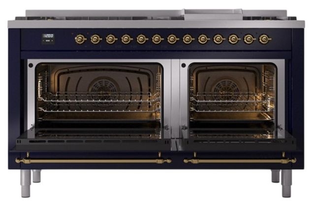 Ilve® Nostalgie II Noblesse 60'' Midnight Blue Pro Style Dual Fuel Range with Brass Trim-1