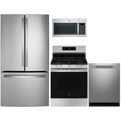 Front view of the GE 4 Piece Stainless Steel Kitchen Package