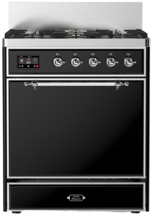 Ilve® Majestic III 30" Glossy Black Pro Style Dual Fuel Liquid Propane Range with 5 Black Brass Burners and Chrome Trim-0