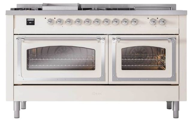 Ilve® Nostalgie II Noblesse 60'' Antique White Pro Style Dual Fuel Range with Chrome Trim-1
