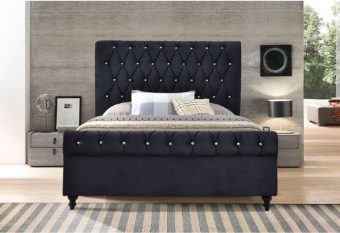 Milton Greens Stars Black California King Velvet Rolled Top Tufted Platform Bed-2