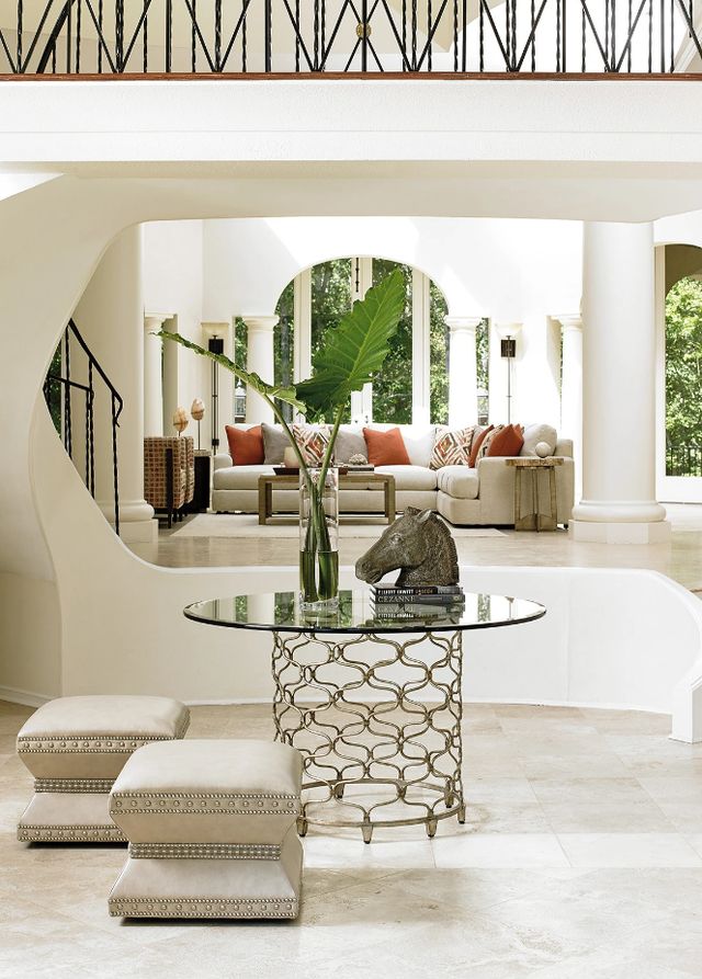 Lexington Home Laurel Canyon Bollinger Clear Top Dining Table with Burnished Silver Leaf Base-3