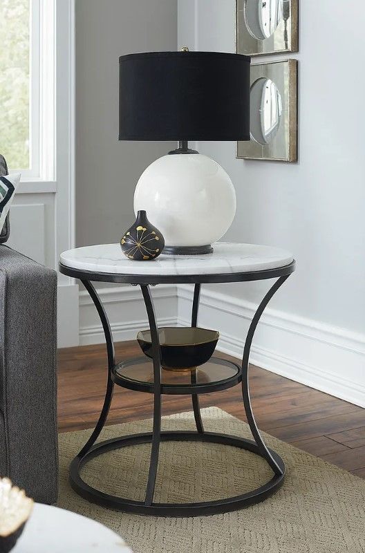 Hammary® Impact White Marble Top Round End Table with Bronze/Silver Base-1